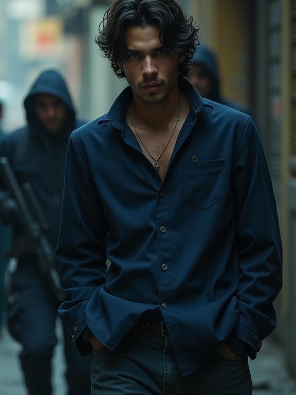 Photorealistic image of a handsome Latin man in his twenties with thick dark wavy hair. The man is dressed in dark blue clothing. In a gritty urban setting, three cartel gunmen are present in the background. The lighting creates strong contrasts, adding a moody effect. The camera captures the scene from a distance, enhancing the tense atmosphere of daylight.