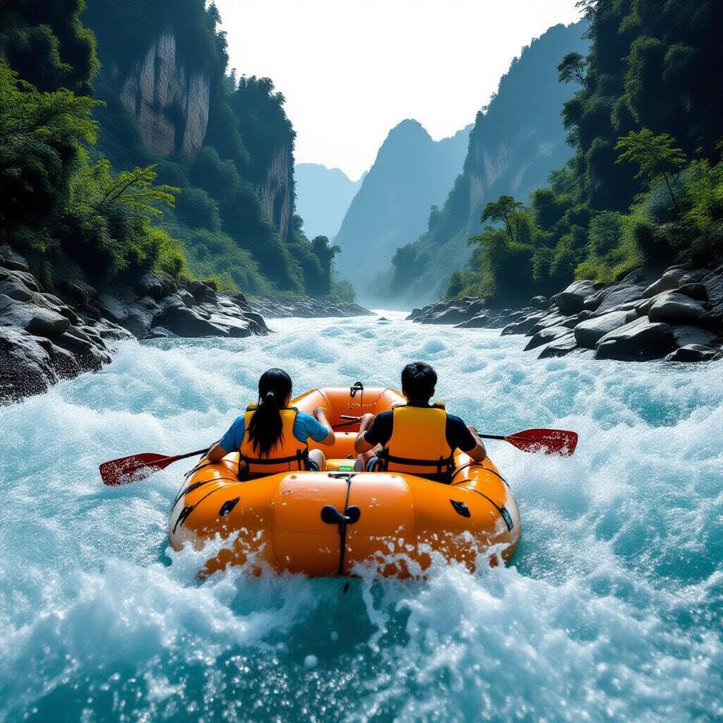 Double exposure depiction of individuals rafting in an orange raft against a backdrop of Guizhou Karst mountains. Bright colors vibrant water details. Minimalistic background emphasizing adventure scene. High-contrast imagery portraying dynamic movement.
