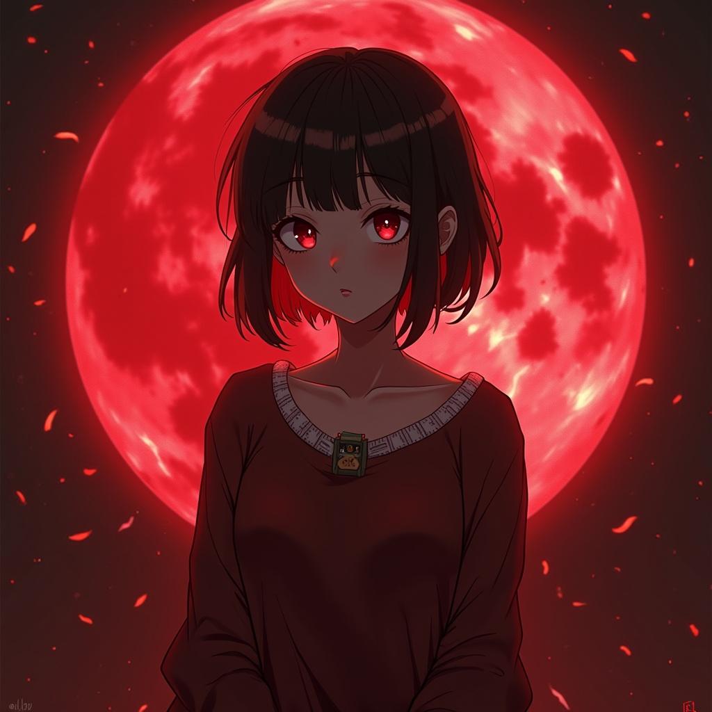 Anime character with short dark hair and red eyes in front of a large red moon. Soft light illuminates the character's face. Garment is cozy. Mood is mysterious and captivating.