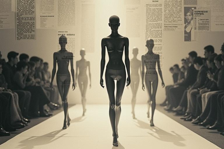 Artistic double exposure of mannequins on a catwalk with newspaper clippings and elements of dark room photography. Suggestive themes of fame and vulnerability are expressed.