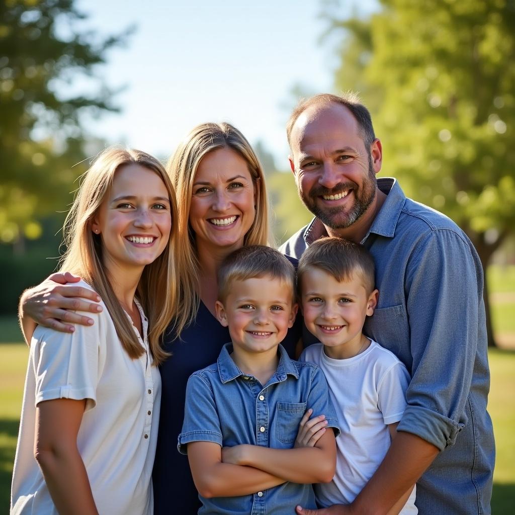 Family poses together outdoors in a park. Smiling faces and warm expressions create a joyful atmosphere. Natural setting with trees in background. People are dressed casually. It's a sunny day.