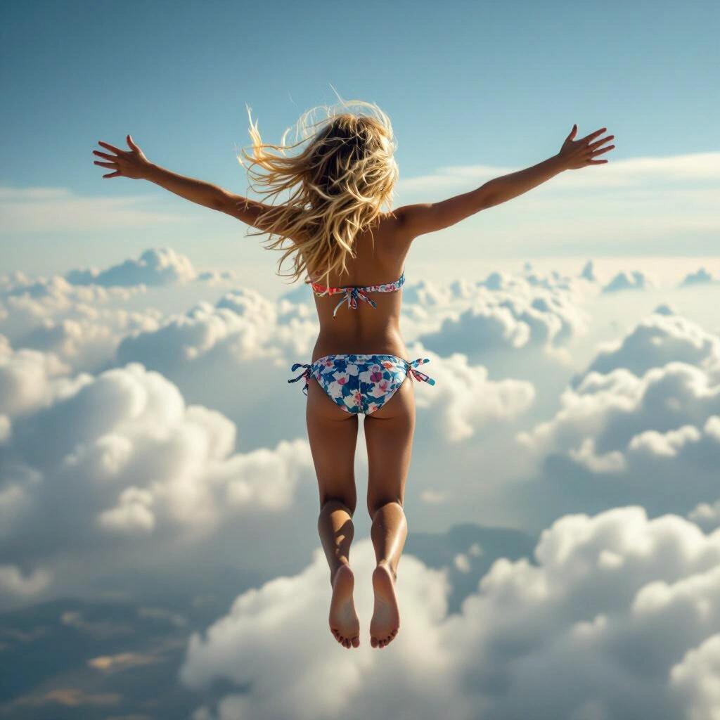 Young girl wearing a bikini flying above clouds with arms spread wide in a joyful pose.