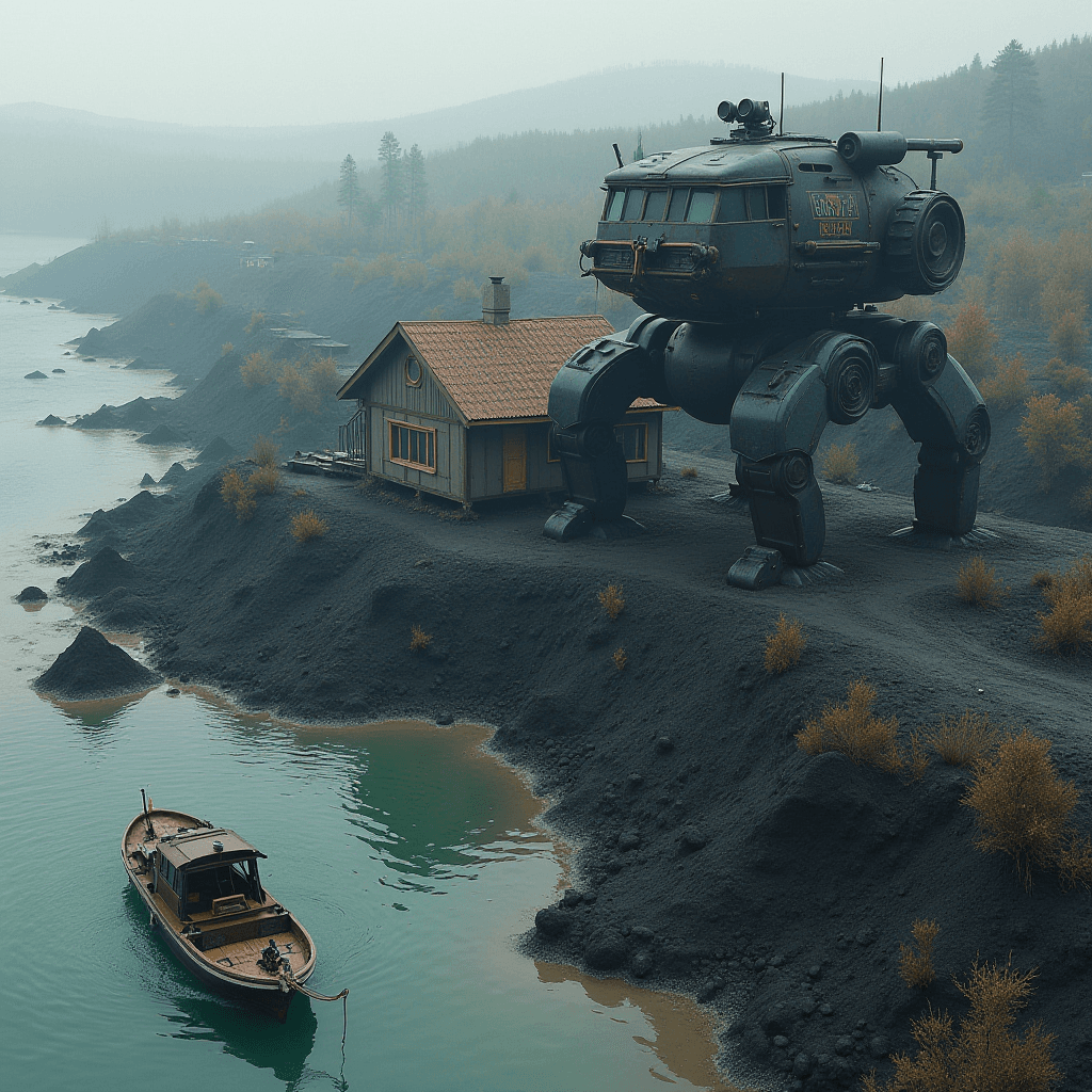 A robot with legs stands near a rustic lakeside cabin, with a wooden boat floating peacefully in the water.