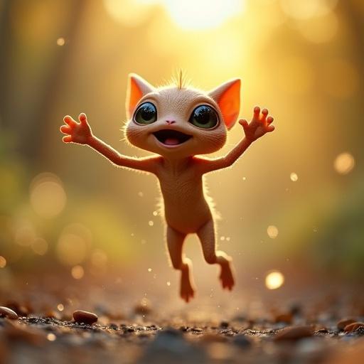 Cute alien creature leaps joyfully with a big smile. Soft golden backlighting creates a magical effect. Macro photography captures details with bokeh effects and depth of field.
