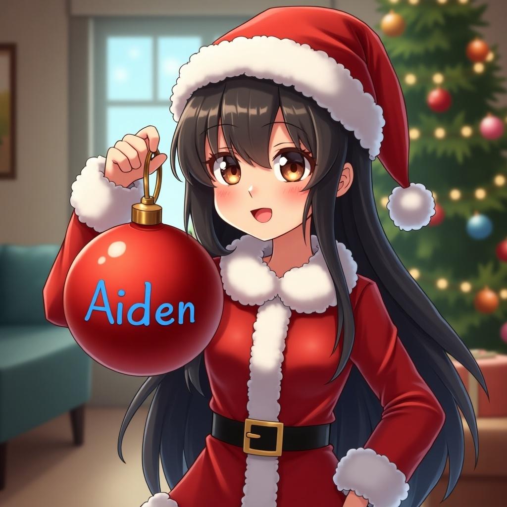 Character dressed in a Santa suit holds red Christmas ornament. Ornament has name Aiden written in blue. Setting is festive and cheerful.