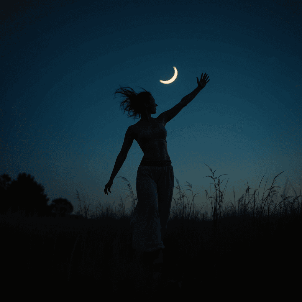 A silhouetted woman reaching towards a crescent moon against a twilight sky in an open field.