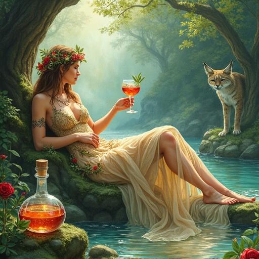 A watercolor painting of a woodland goddess in a gown of leaves and flowers. She reclines in a grotto and offers a toast with a glass of elixir. Surrounding her are lush plants and a crystal stream. An apothecary bottle and cocktail glass sit nearby. Mythical elements are present. A lynx observes the scene. The style is soft and tranquil with gentle greens and golds.
