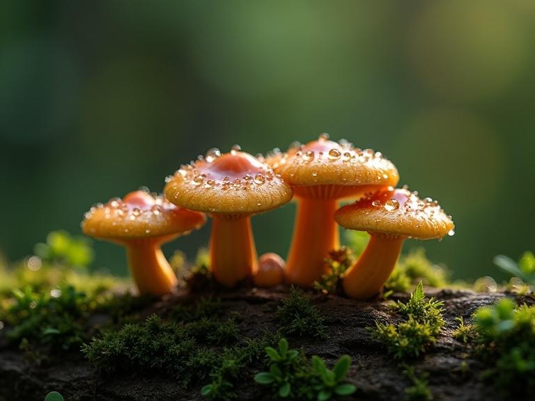 Extreme macro photography featuring a group of mushrooms on a mossy dead wood covered in morning dew. Drops shimmer in the light. Backlit with a blurry dark matte green background and dreamy bokeh.