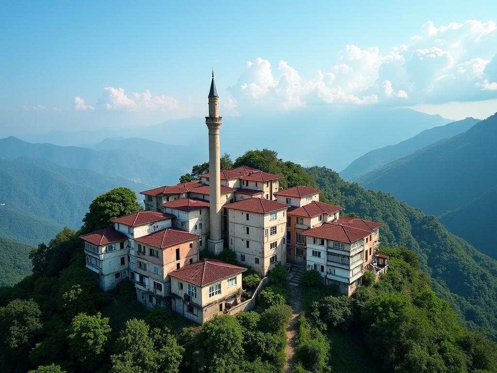 This image depicts a beautiful mountain structure with multiple buildings, dominated by a tall tower. The buildings have red rooftops and are surrounded by lush green trees. The surrounding mountains create a stunning backdrop. The sky is clear with some clouds, giving the scene a bright and uplifting atmosphere. It appears to be a serene location, possibly a tourist destination or historical site.