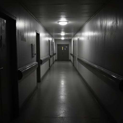 Scene with a dark hospital corridor. CCTV effect captures a sinister atmosphere. Two doors on the right side and one double door on the left, as well as a double door straight ahead. Corridor appears clean yet feels unsettling. Low lighting enhances eerie feel. Subtle interference and dust present in the space.