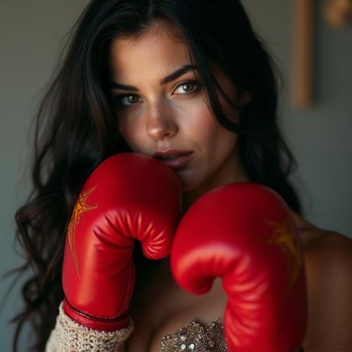 A woman with black long hair holds up red boxing gloves. The image focuses on her upper body, conveying strength and confidence. Decorative elements adorn her attire.