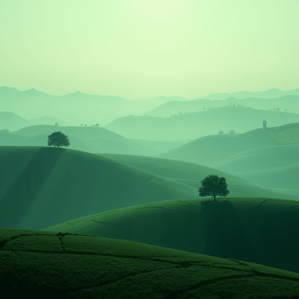 Rolling green hills with scattered trees under a peaceful sky.