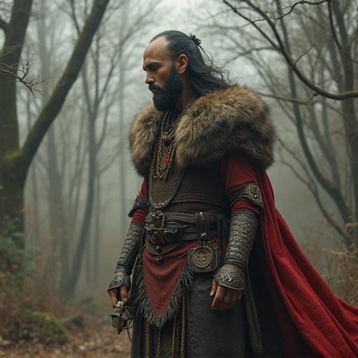 A character stands confidently in a foggy forest. The character wears intricate medieval clothing. A long cloak drapes elegantly. Fur trim adds a regal touch. Various accessories are visible, highlighting attention to detail. The forest is shadowy and mysterious.