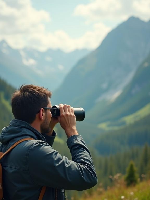 Photorealistic image captures a man with binoculars looking at a beautiful mountain landscape. Close-up from behind the man emphasizing the serene scenery. The atmosphere evokes a sense of adventure and appreciation for nature.