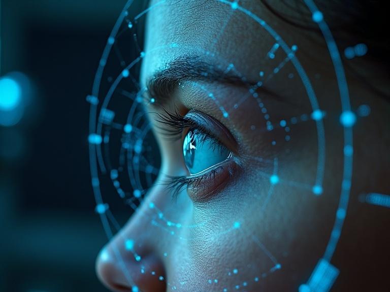Close-up image of a human eye with digital patterns analyzing pupil dilation for morning anxiety detection. Blue hues and glowing aspects create a tech-focused look.