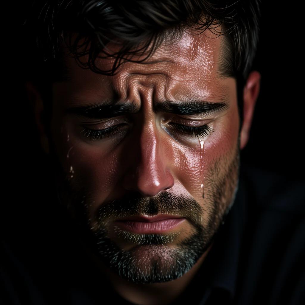 Sad man crying against a black background. The atmosphere feels gloomy and realistic similar to a movie scene. The format is 9:16.