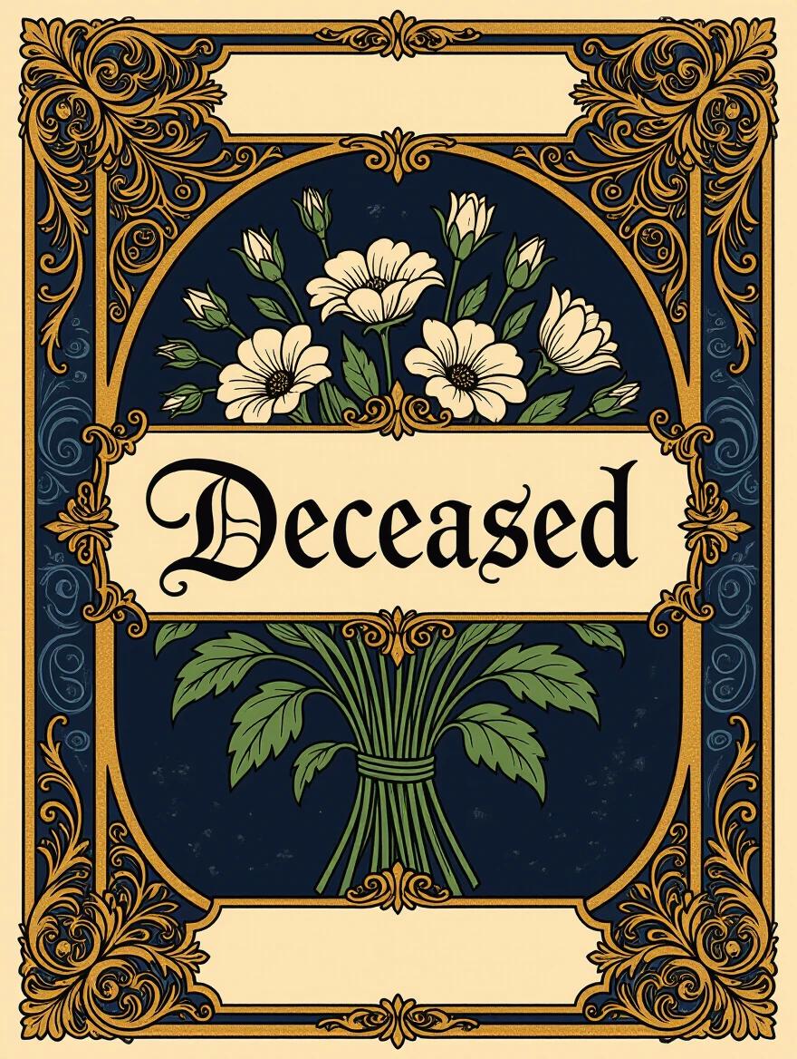 Ornate Art Nouveau style card features the word 'Deceased' in calligraphy. Dark blue background with gold accents. A bouquet of dead flowers is present in the background. Card has an ominous and dark tone.