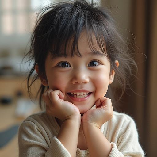 A happy Asian girl smiling with her hands on her face. She has straight hair that reaches her collarbone. The setting is warm with a soft, natural light.