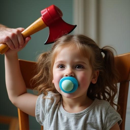 A playful scene between a mother and daughter. The mother holds a toy axe while the daughter lies on a chair. The girl has a large pacifier in her mouth. The atmosphere is light-hearted and fun.