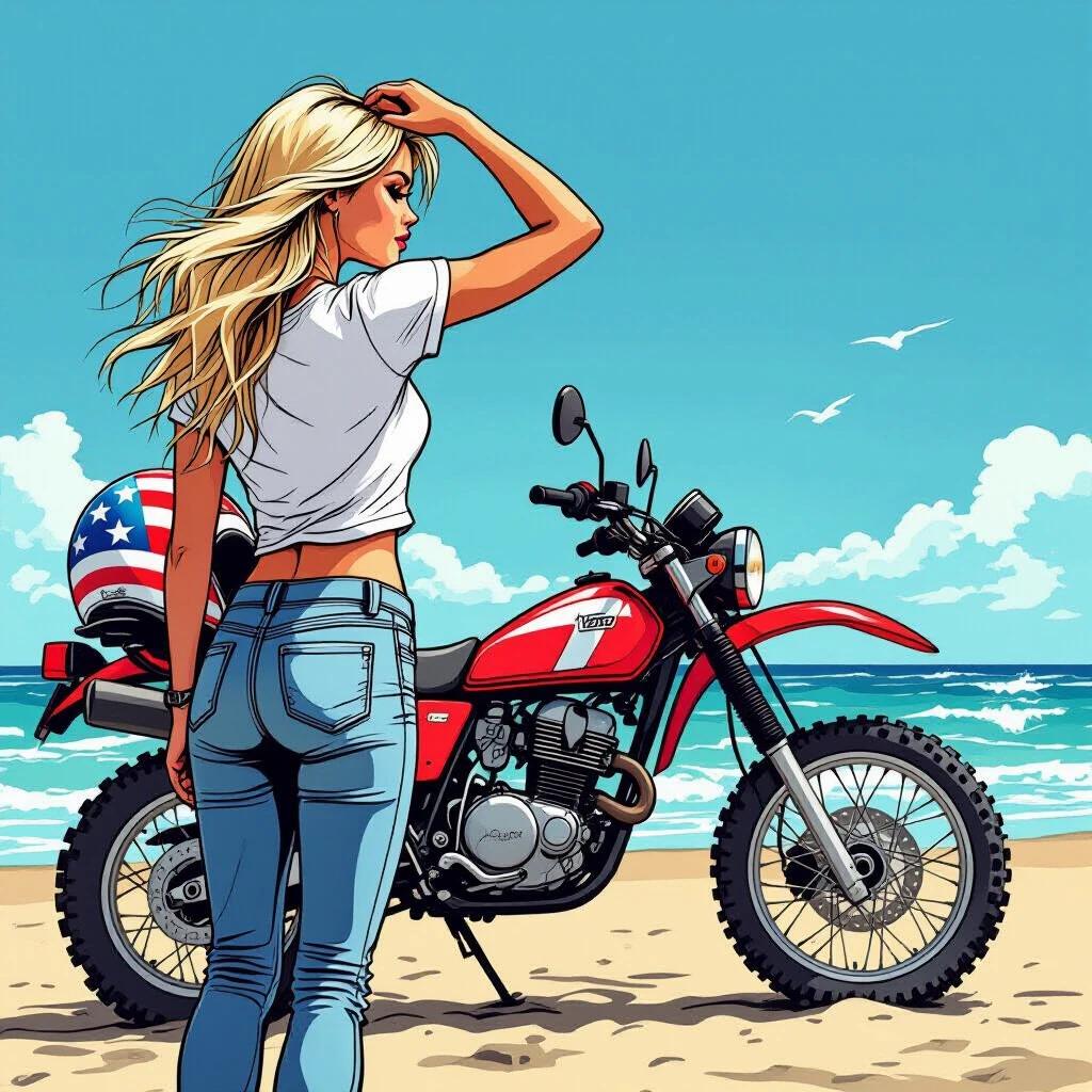 Blonde girl stands at the beach beside offroad motorcycle. Motorcycle has helmet with stars and stripes. She strokes hair while looking over shoulder. Image is comic book style with heavy outlines. Full body visibility of girl and motorcycle.