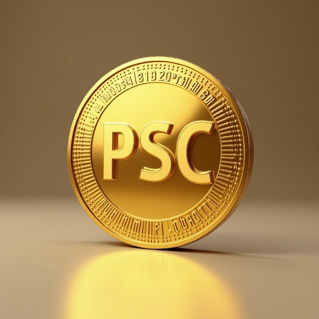 Gold-colored coin stands upright on smooth surface. Large PSC symbol displayed. Inscription reads PaySolarCoin - Rewards Points. Reflects soft light.