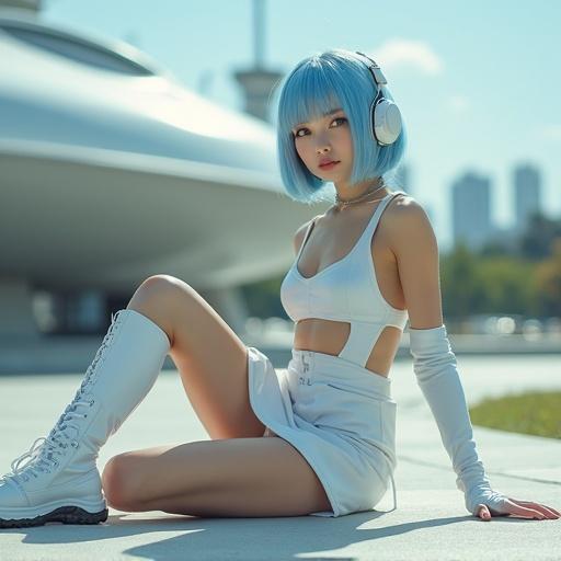 Young woman with light skin and light blue bob hair wearing a white futuristic sleeveless micro skirt dress and arm covers. She has a futuristic headset and thigh-high boots sitting on the ground in front of a spaceship in a park setting in suburb of Tokyo.