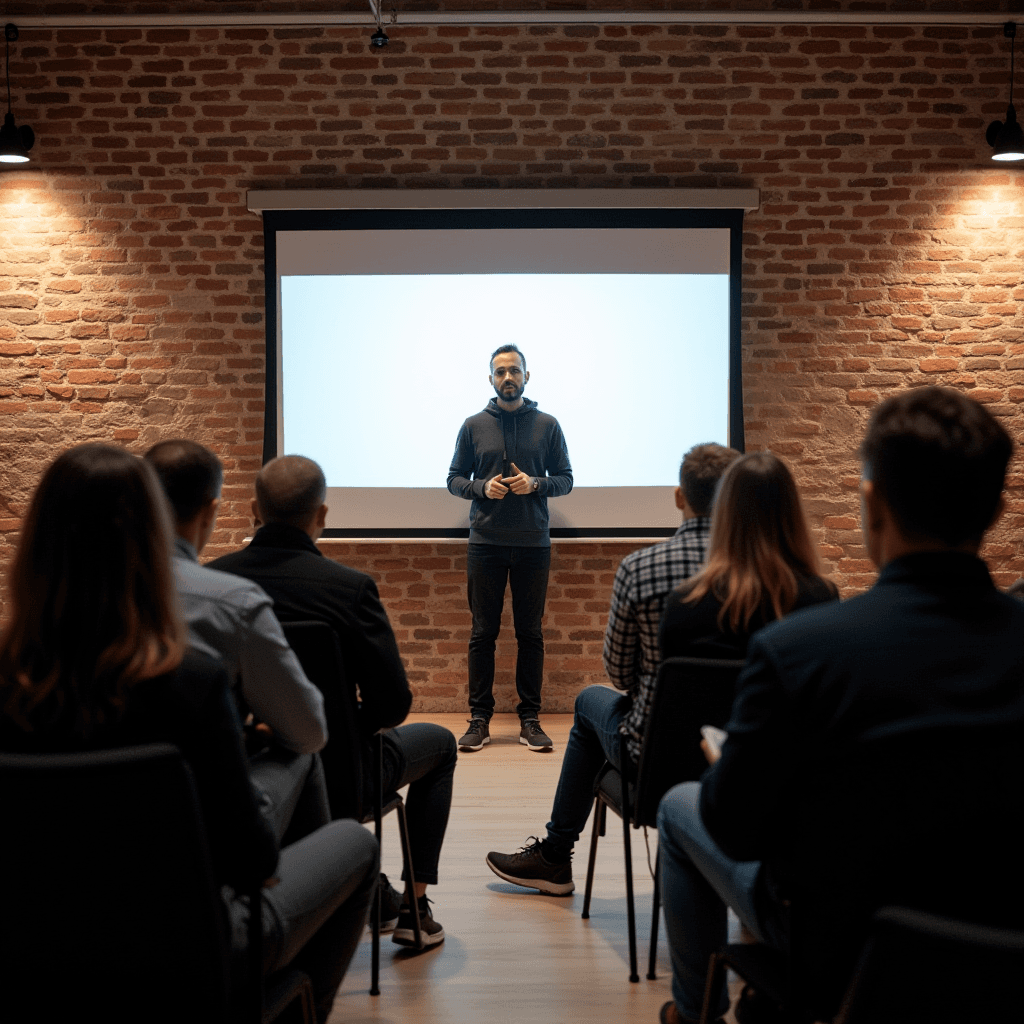 A person is giving a presentation to an audience in a brick-walled room.