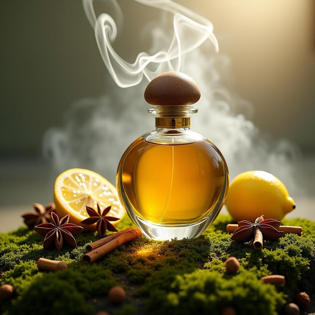 Perfume bottle on mossy grass. Surrounding elements include cedar bark, lemon slices, spices, and smoke. Soft light creates a warm atmosphere.