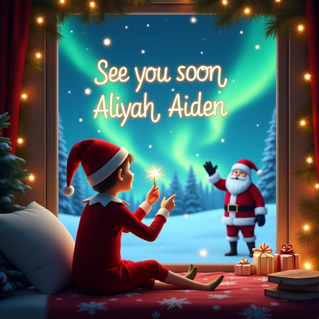 A cozy holiday scene features an elf seated by a window with his back to the viewer. The elf is facing a magical sky, holding a wand and writing the names 'See you soon, Aliyah, Aiden' in glowing letters. Outside, the snowy landscape is illuminated by vibrant northern lights, and in the distance, Santa Claus can be seen waving cheerfully. The window is framed with cozy holiday decorations, enhancing the festive atmosphere. The entire scene captures the enchanting spirit of Christmas beautifully.