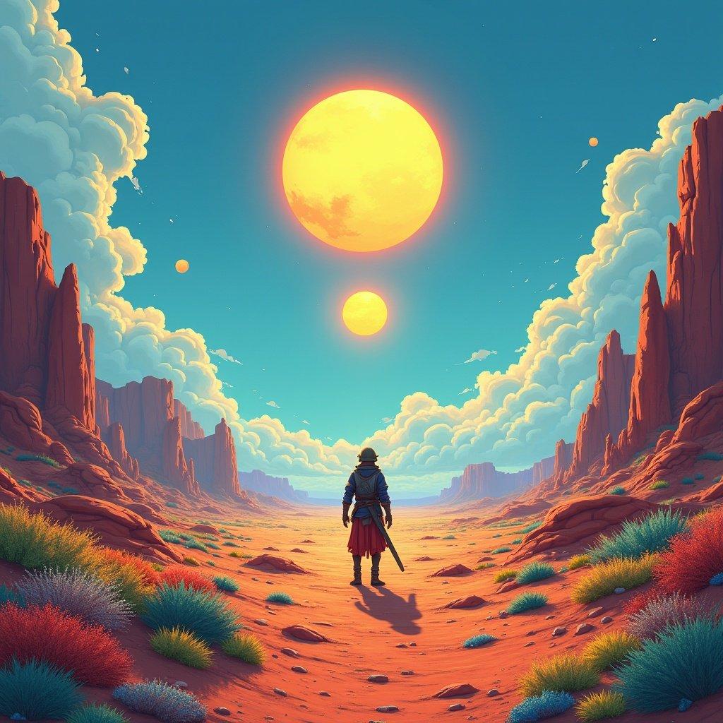 A lone warrior stands in a vibrant desert landscape with three glowing suns above. The landscape features rocky formations, colorful vegetation, and scattered clouds against a blue sky. The scene suggests an adventure and a quest.