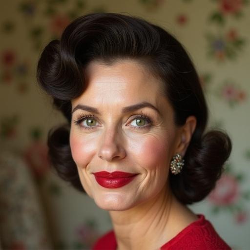 Charming beautiful 45 years old housewife with face wrinkles. Classic 1950's hairstyle with chubby face. Shy, slightly smiling with closed mouth. Beautiful green eyes with diamond hairrings. Big red lips, looking like Cyd Charisse. Floral wallpaper in the background, slightly side view, tiny nose.