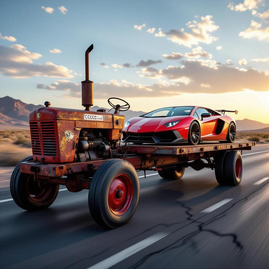 Ultra realistic photograph features neglected Soviet relic tractor from 1970s. The tractor is covered in rust and grime. It hauls a battered flatbed trailer. Trailer carries a pristine red Lamborghini Aventador SVJ. Scene set on a desert highway during sunset. Focus on the contrast between decay and automotive luxury. Display of deep texture and details in the tractor and Lamborghini. Low-angle shot with motion blur effects.