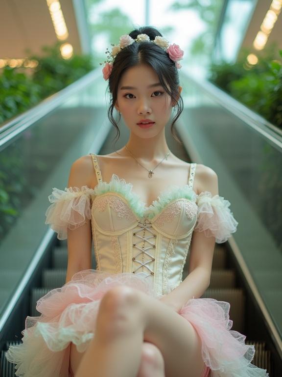 Full body shot of a Chinese lady in a pastel-colored frilly outfit. She sits on a chair with her legs open, facing the camera. The corset top has lace and frills in pink, cream, and mint green, featuring a sweetheart neckline and off-the-shoulder design. Her hair is tied, and she shows a beautiful leg. The setting includes greenery with bushes and plants. The lighting is soft and natural.