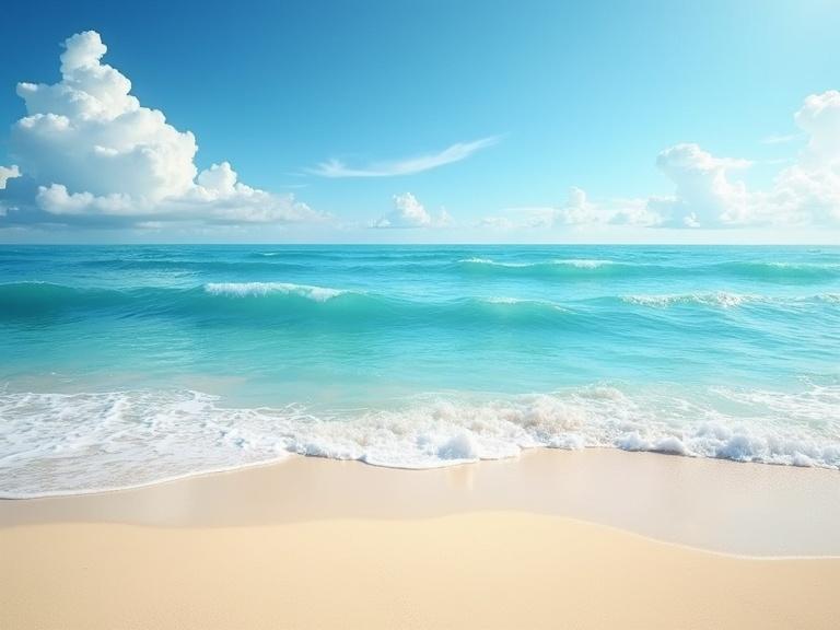 Life-like beach scene with swimmers. High resolution image suitable for wallpaper mural 5.2m x 2.4m. Captures sand, ocean waves, and clouds.