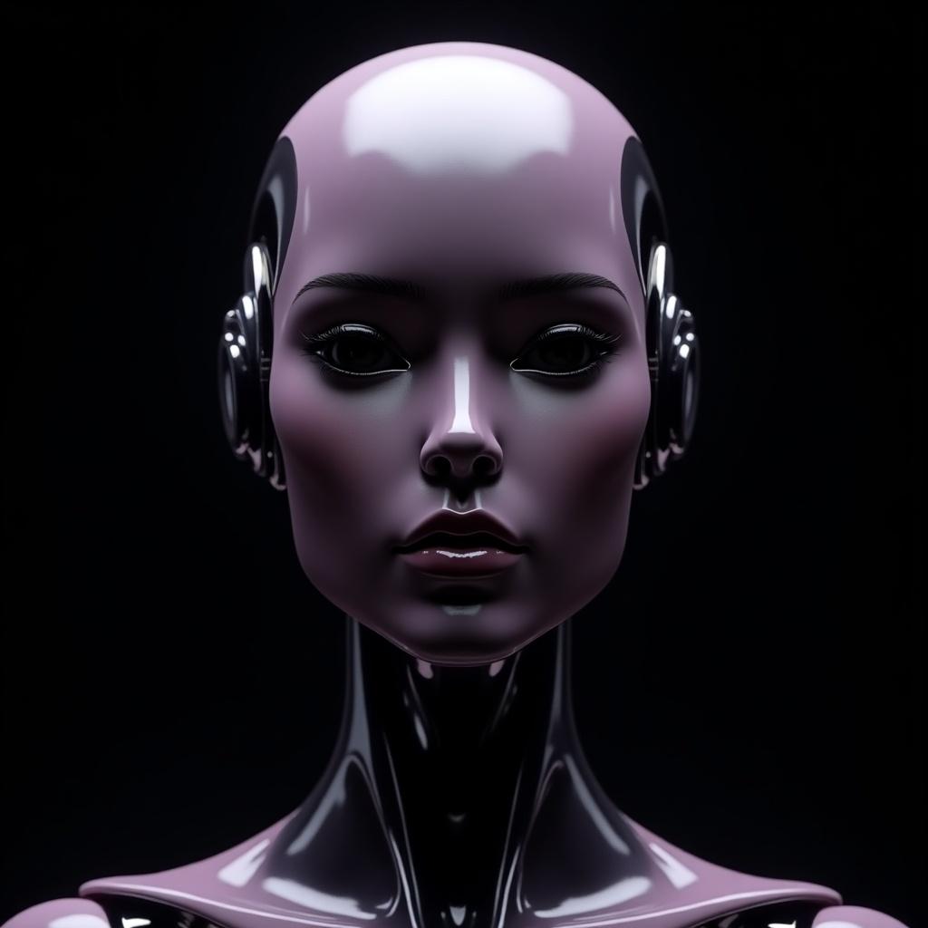 A glamorous humanoid robot design. Half human half robot aesthetic. Set against a black background. Beautiful and luxurious visual appeal. Features deep purple, silver, and black tones. Front view with a focus on the head.