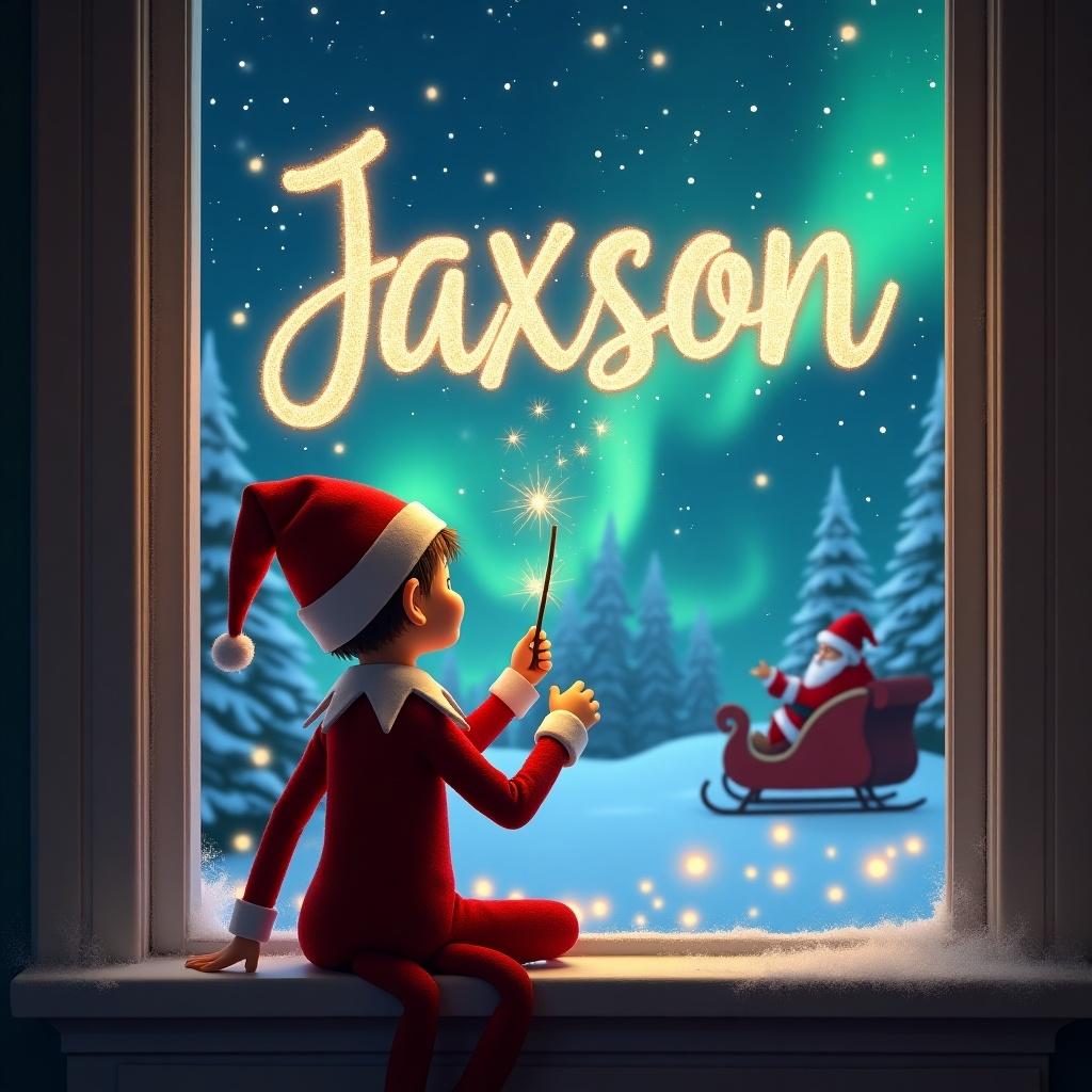 The image showcases a Christmas elf sitting on a window ledge with his back turned. He gazes up at the night sky, using a wand to inscribe the name 'Jaxson' in sparkling letters. The background is filled with a whimsical Christmas scene featuring twinkling stars and vibrant northern lights. In the distance, Santa Claus is seen riding a sleigh, enhancing the festive theme. Dressed in a traditional red outfit and a pointed hat, the elf embodies the joyful essence of the holiday season, holding his wand in a magical pose.