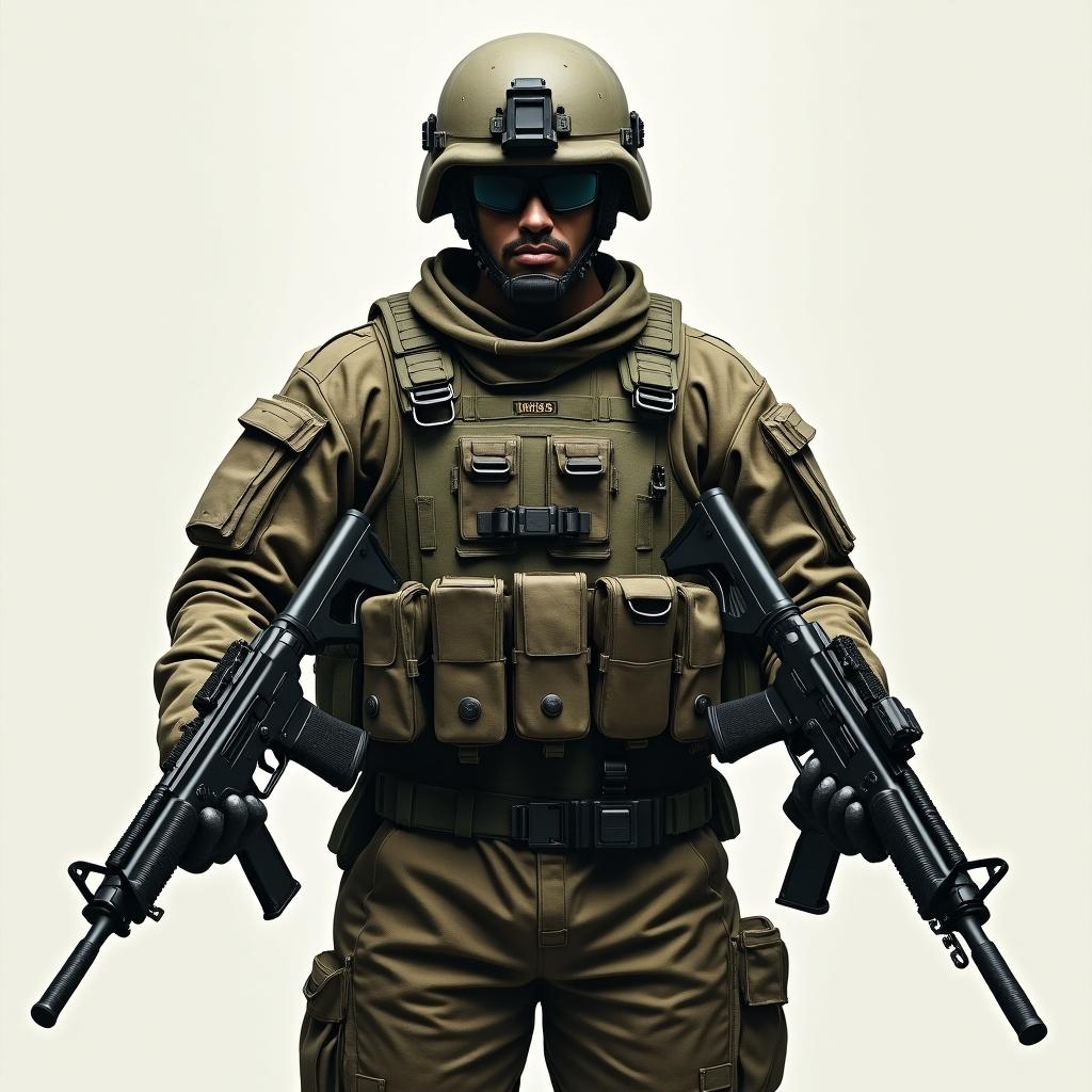 Image shows a sentinel in camouflaged military uniform. The sentinel holds two identical submachine guns. Neutral background accentuates the subject. Tactical gear visible.