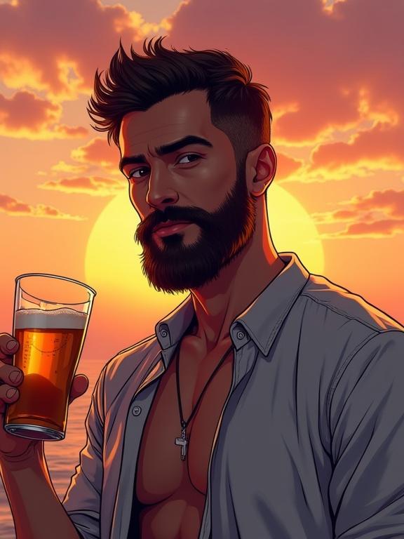 Hand-drawn illustration of a man with a beard wearing an open shirt. He holds a glass of beer. Background shows a sunset over the ocean. Dramatic and flat shadows emphasized. Rich colors combined with cinematic composition.