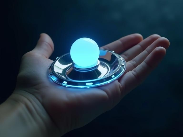 Hand holds a metallic sci-fi device with a glowing blue sphere. The device is smooth and reflective, featuring an organic oval shape. The background is dark blue, creating an atmospheric vibe. Focus on details and textures.
