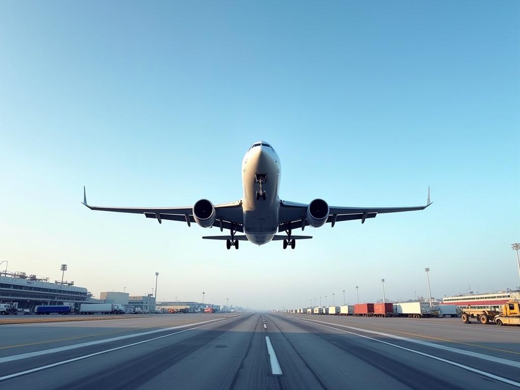 A passenger jet plane takes to the skies, soaring above an airport runway. The aircraft, designed for both travel and cargo transport, showcases its impressive wingspan and powerful engines. In the background, you can see the airport's ground facilities, bustling with activity. The scene captures the essence of the freight industry, emphasizing the importance of air travel for transporting goods and people alike. Bright blue skies and soft clouds provide a stunning backdrop for this engineering marvel. It's a perfect representation of modern aviation and its role in global logistics.