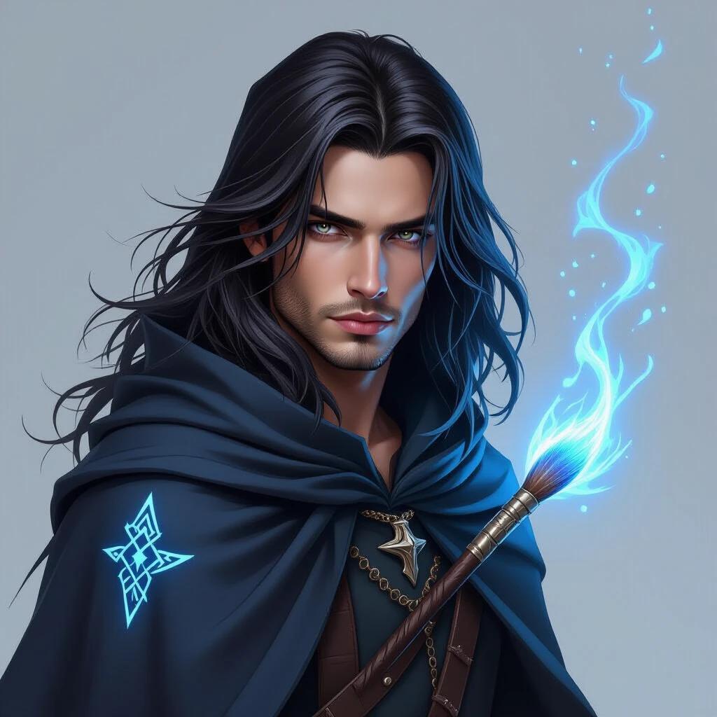 Young man with flowing hair shifts between ash-blue and black Calm demeanor with eyes full of determination Hooded cloak drapes shoulders A magical rune on left shoulder wields a magical brush used to cast spells