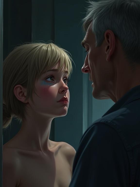 Realistic illustration featuring emotional exchange between a high school girl and a middle-aged man. Scene set in a darkened bedroom with intense lighting. High school girl appears scared and tearful while the middle-aged man presents a confrontational demeanor.
