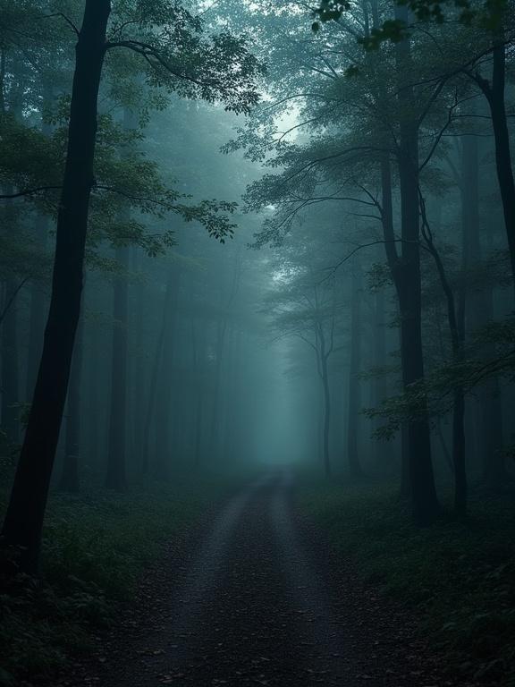 A forest scene with a dark, misty atmosphere. Narrow path through trees. Dense fog cloaks the surroundings. Predominant pine trees. Dim light filtering through branches.