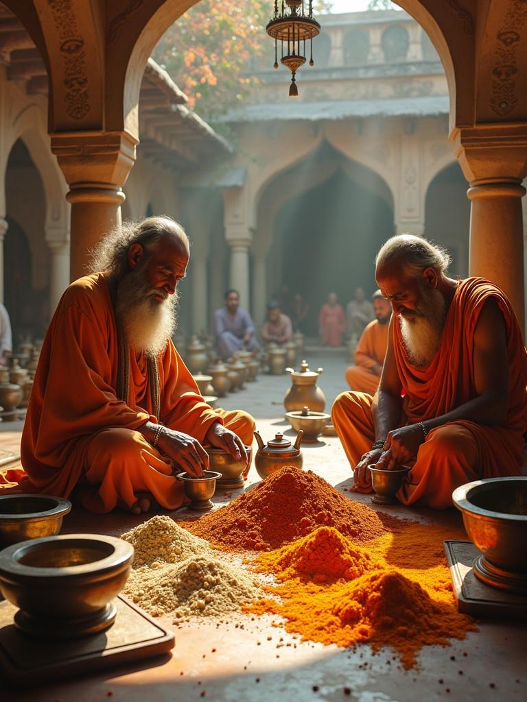 Scene of ancient Indian rishis preparing Ayurvedic medicines. Traditional courtyard surrounded by herbs and colorful powders. Sages wear saffron robes and use bronze vessels. Stone mortars and pestles present with intricate architecture. Sunlight enhances atmosphere.