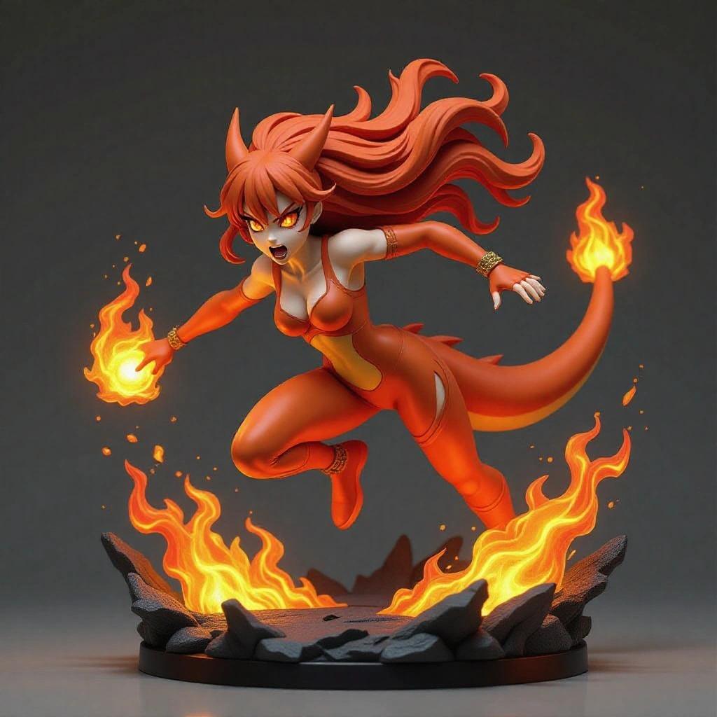 Ultra-detailed female figure inspired by Charizard depicted as a 3D resin sculpture. Dynamic jumping pose with one leg forward and the other bent back. Body twisting showing musculature and energy. Long wild hair resembling real fire in red, orange, and yellow. Fierce expression with burning ember eyes. Features horns, pointy ears, fangs. Wears dragon scale armor in orange and gold tones. Spread wings show cracked, burnt membrane. Tail ending in flame. Sculpted flame from hand captures attack moment. Solid for resin printing, base made of volcanic rock with smoke.