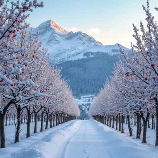 Apple trees covered in snow during winter with Alps in the background.