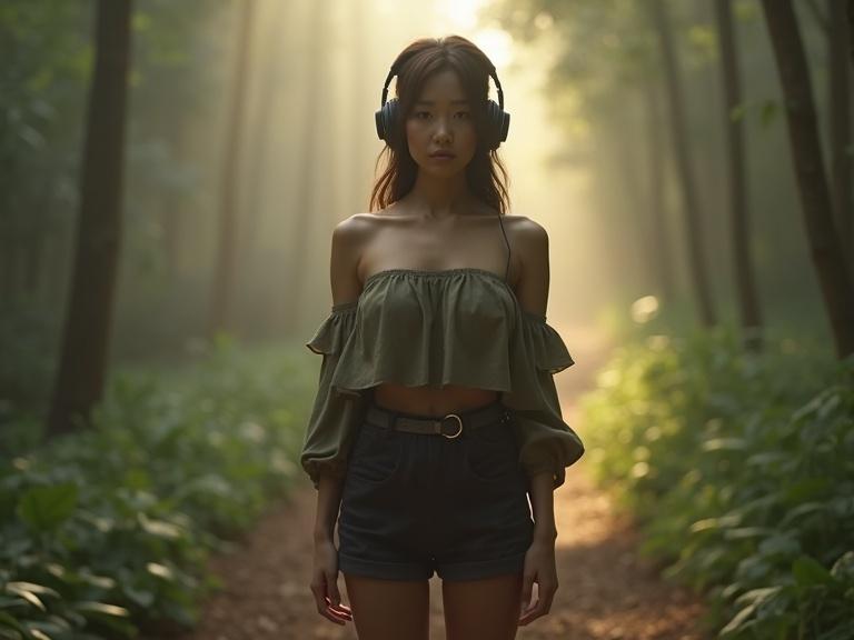 An ultra-realistic portrait of a female character with headphones in a misty forest. She is centered, facing forward, wearing a loose off-shoulder top and fitted shorts. The lighting is soft with a golden ambiance at dawn. Her eyes are closed and she appears relaxed, exuding confident energy.