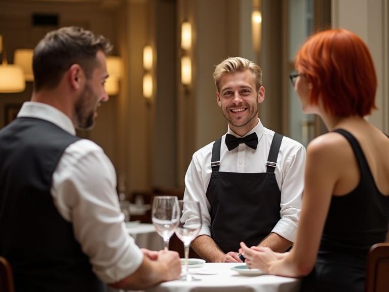 Two waiters at a restaurant observing a conversation. A blond male waiter smiles at a guest. The waiters in view have their backs to the camera. The setting is elegant and inviting.