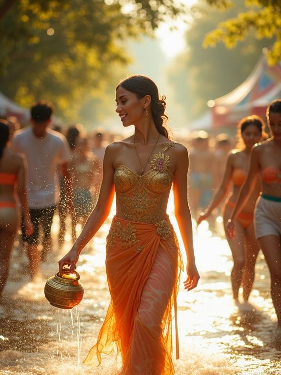 Beautiful Thai woman in elegant classical dress walks through Songkran festivities. Dress adorned with gold and pastel patterns shines in sunlight. Colorful water splashes create playful atmosphere. Sunlight filters through tropical trees casting shadows. Her joyful expression shows tranquility holding a water pot. Scene enriched by jasmine and frangipani blooms. Cinematic lighting highlights vivid colors and spirit of celebration.