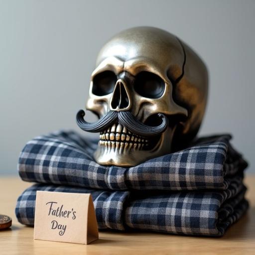 Focus on unique Father's Day gift concept. Show ceramic or metal skull with distinguished mustache. Place skull atop neatly folded dark plaid shirts. Include Father's Day card with heartfelt message and small wrapped gift box nearby. Show clean minimalist background, light grey wall and soft diffused lighting.